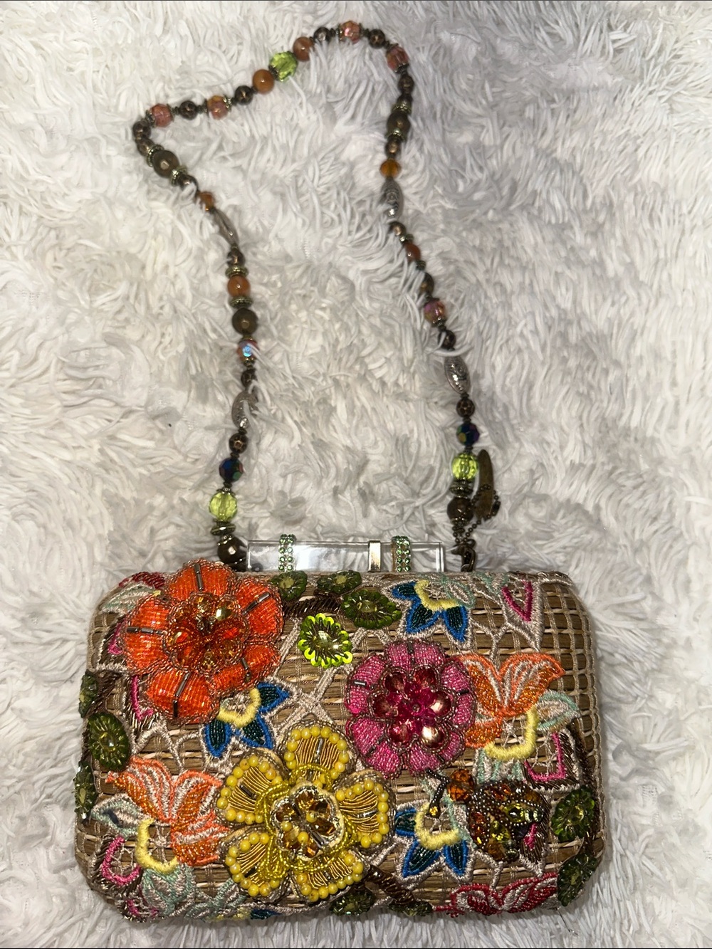 Mary Frances Multicolor Floral Beaded Box Clutch with Beaded Strap